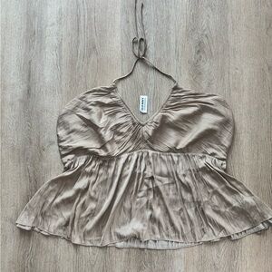 Women’s Pleaded Peplum Satin Halter Top in Champagne color